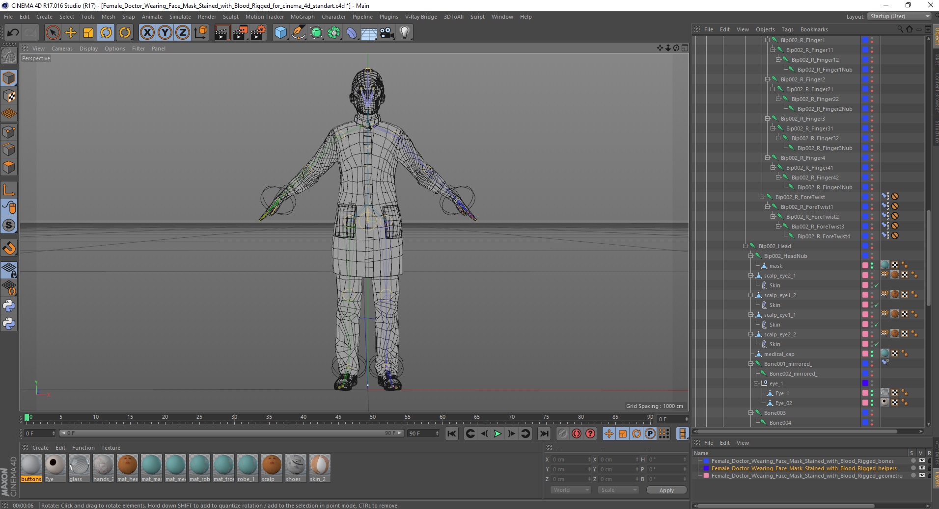 3D Female Doctor Wearing Face Mask Stained with Blood Rigged for Cinema 4D