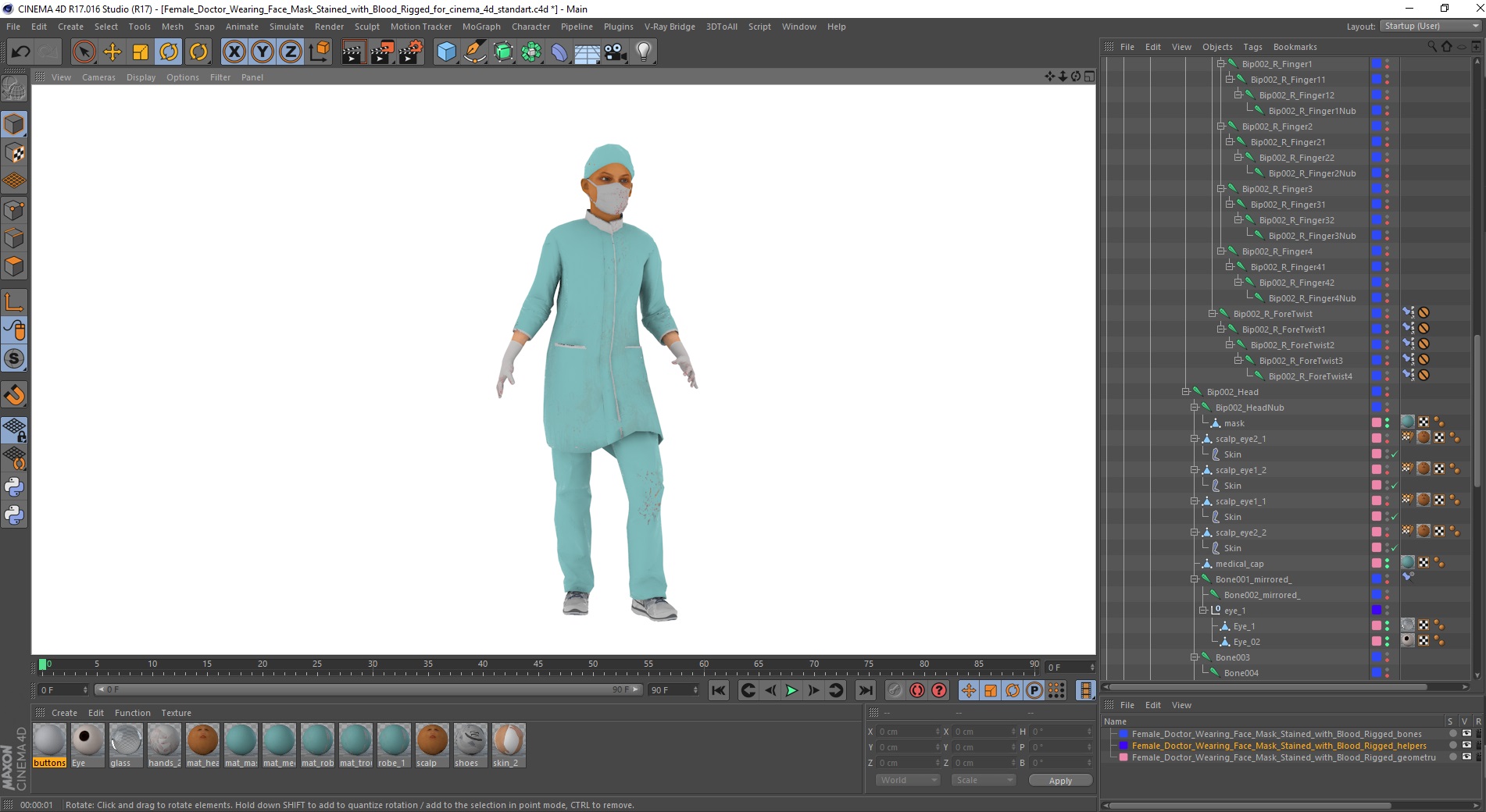 3D Female Doctor Wearing Face Mask Stained with Blood Rigged for Cinema 4D