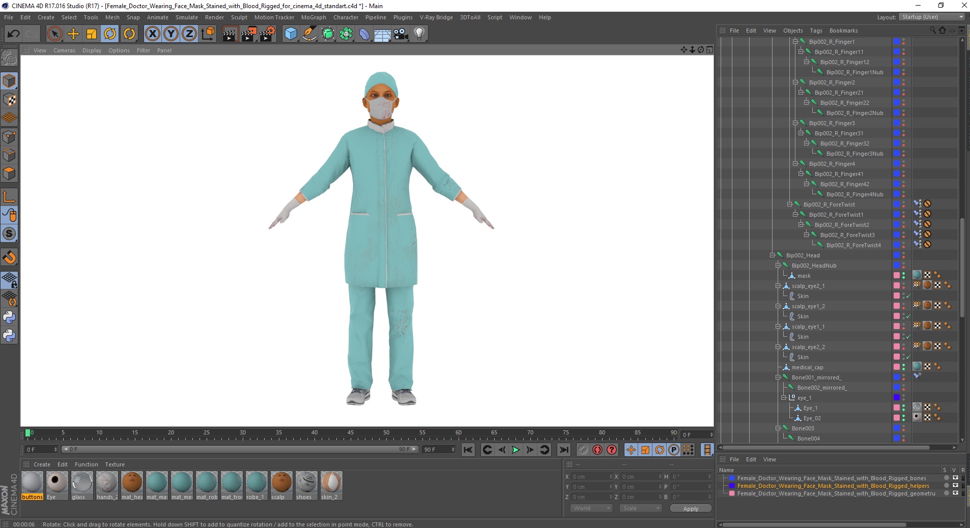 3D Female Doctor Wearing Face Mask Stained with Blood Rigged for Cinema 4D