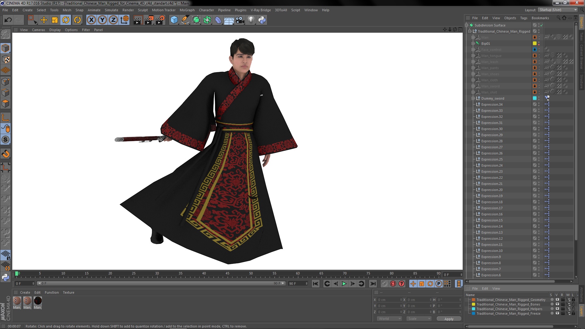 Traditional Chinese Man Rigged for Cinema 4D 3D model