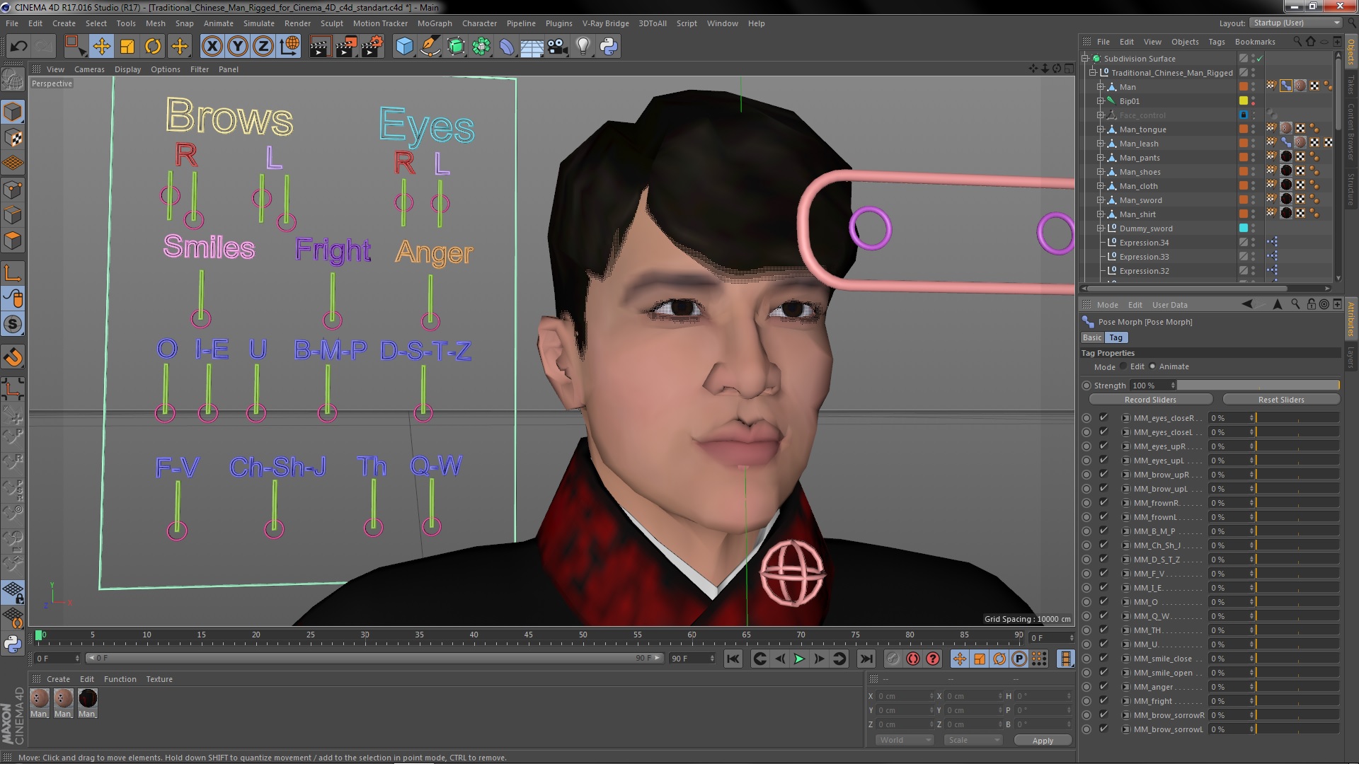 Traditional Chinese Man Rigged for Cinema 4D 3D model