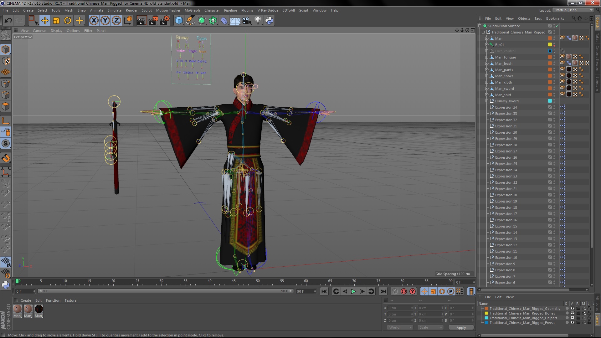 Traditional Chinese Man Rigged for Cinema 4D 3D model