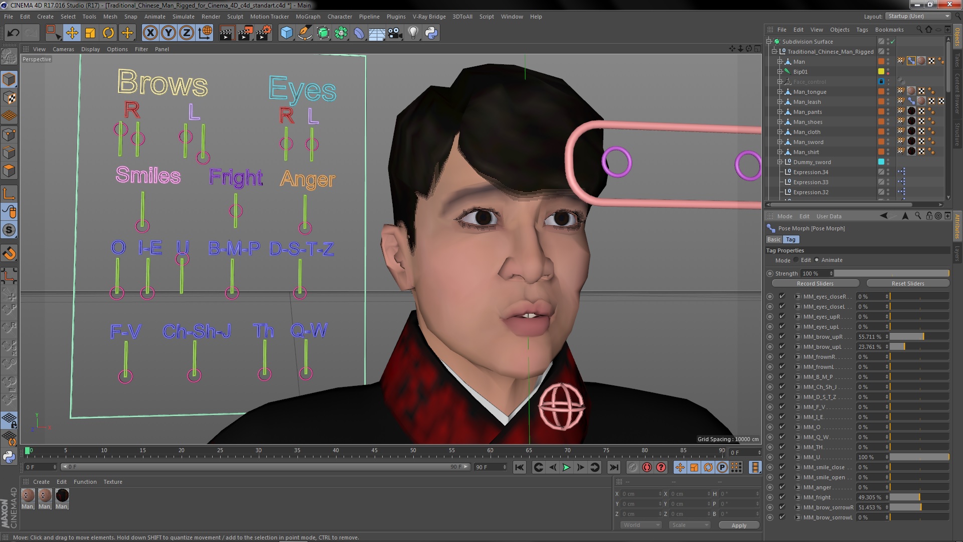 Traditional Chinese Man Rigged for Cinema 4D 3D model