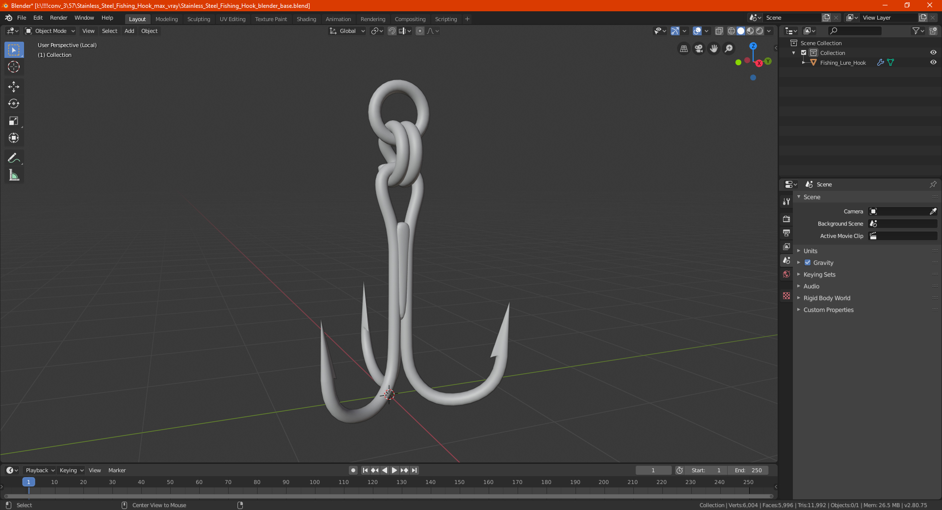 3D Stainless Steel Fishing Hook model