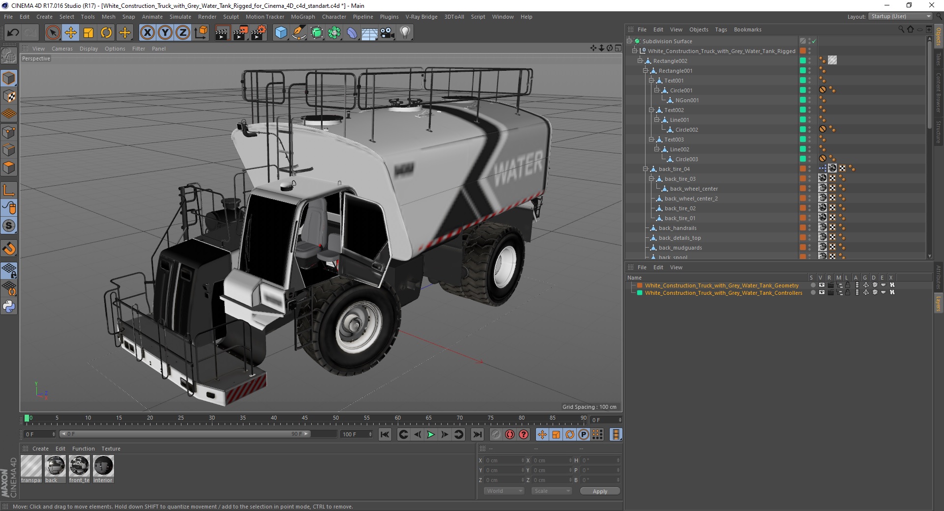 3D White Construction Truck with Grey Water Tank Rigged for Cinema 4D