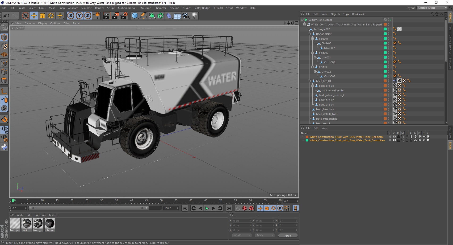 3D White Construction Truck with Grey Water Tank Rigged for Cinema 4D