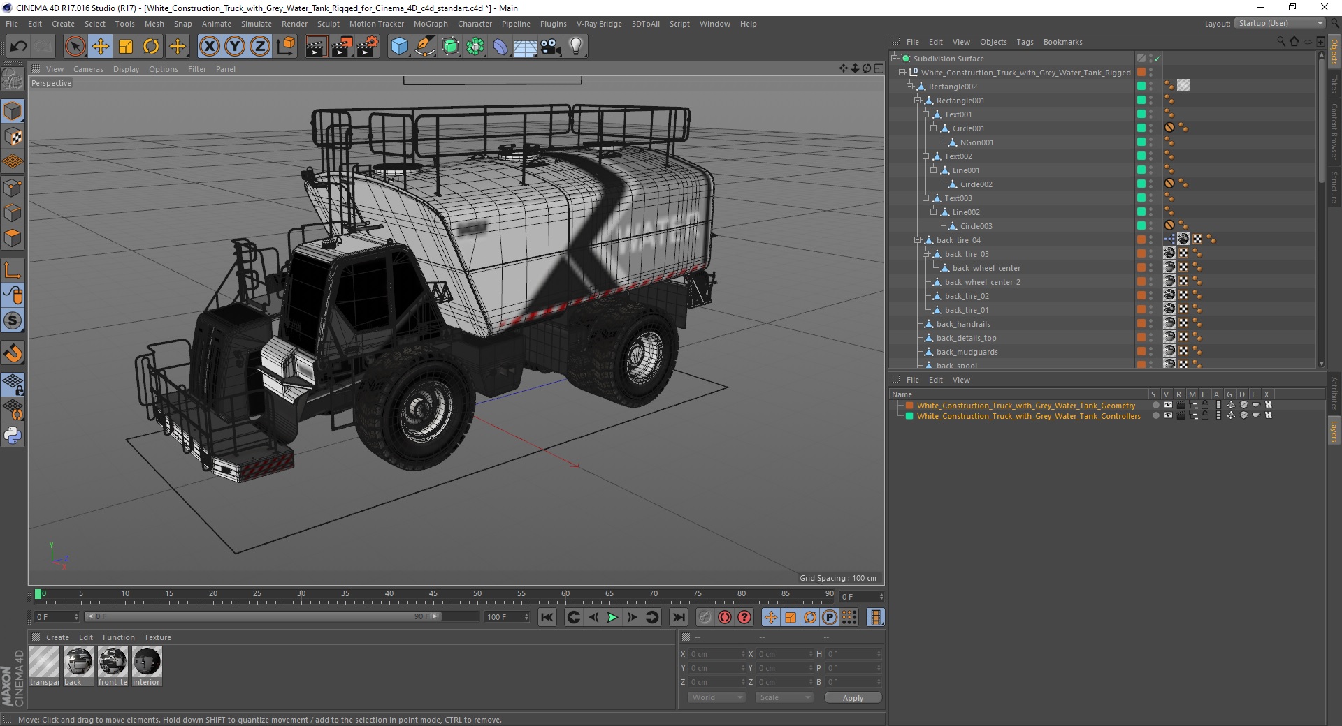3D White Construction Truck with Grey Water Tank Rigged for Cinema 4D