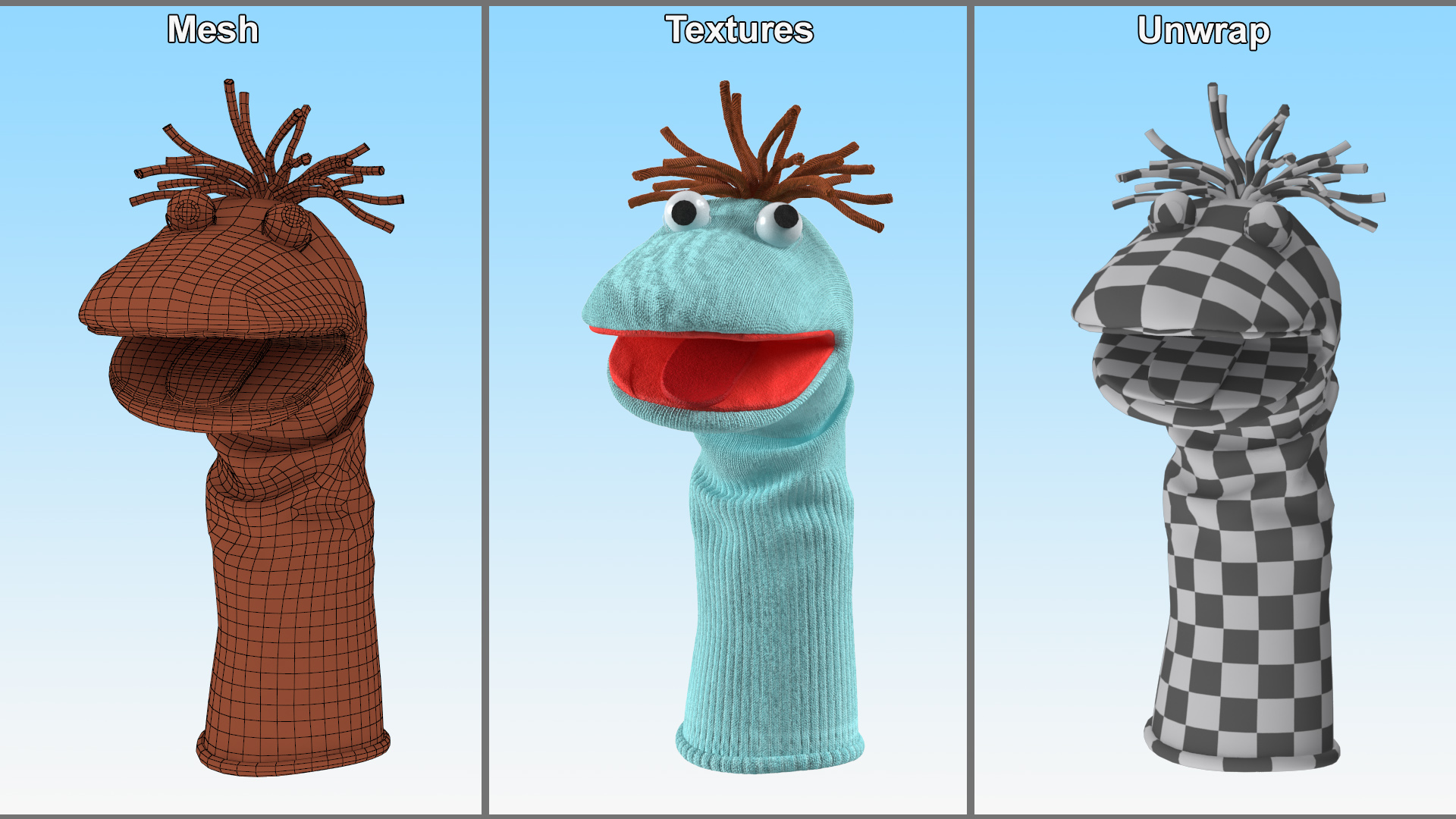 3D Sock Puppet Character Blue Boy Smiling Pose model