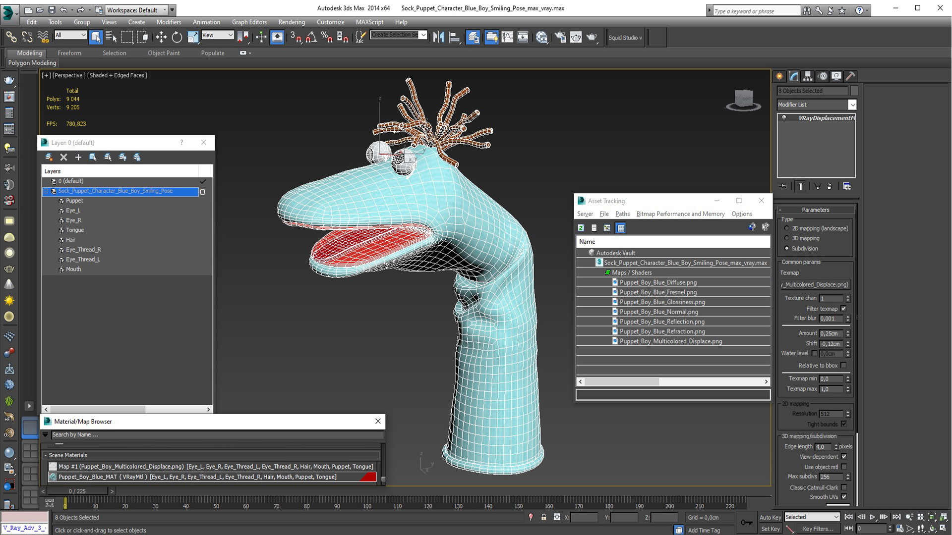 3D Sock Puppet Character Blue Boy Smiling Pose model