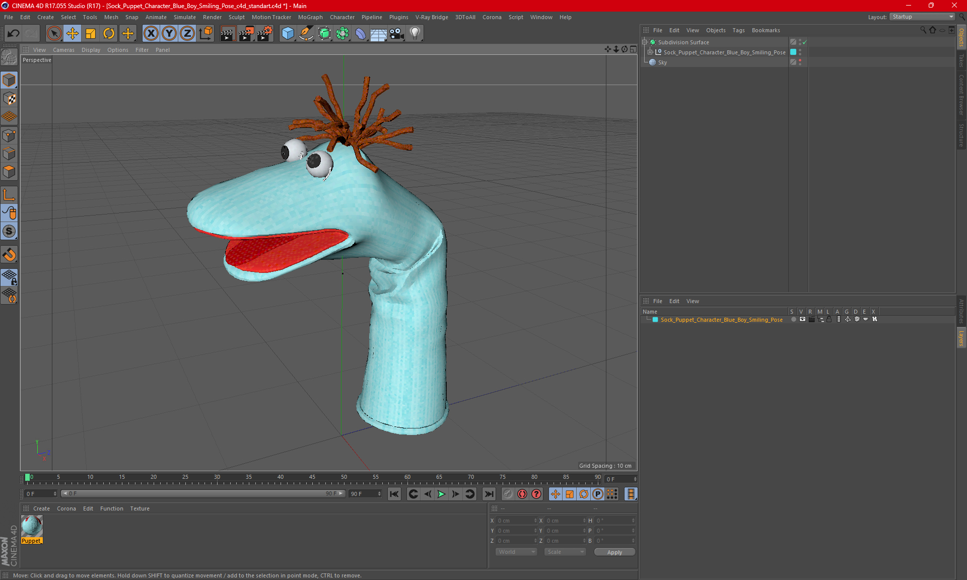 3D Sock Puppet Character Blue Boy Smiling Pose model