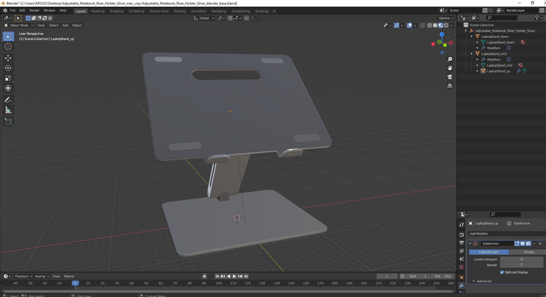 Adjustable Notebook Riser Holder Silver 3D model