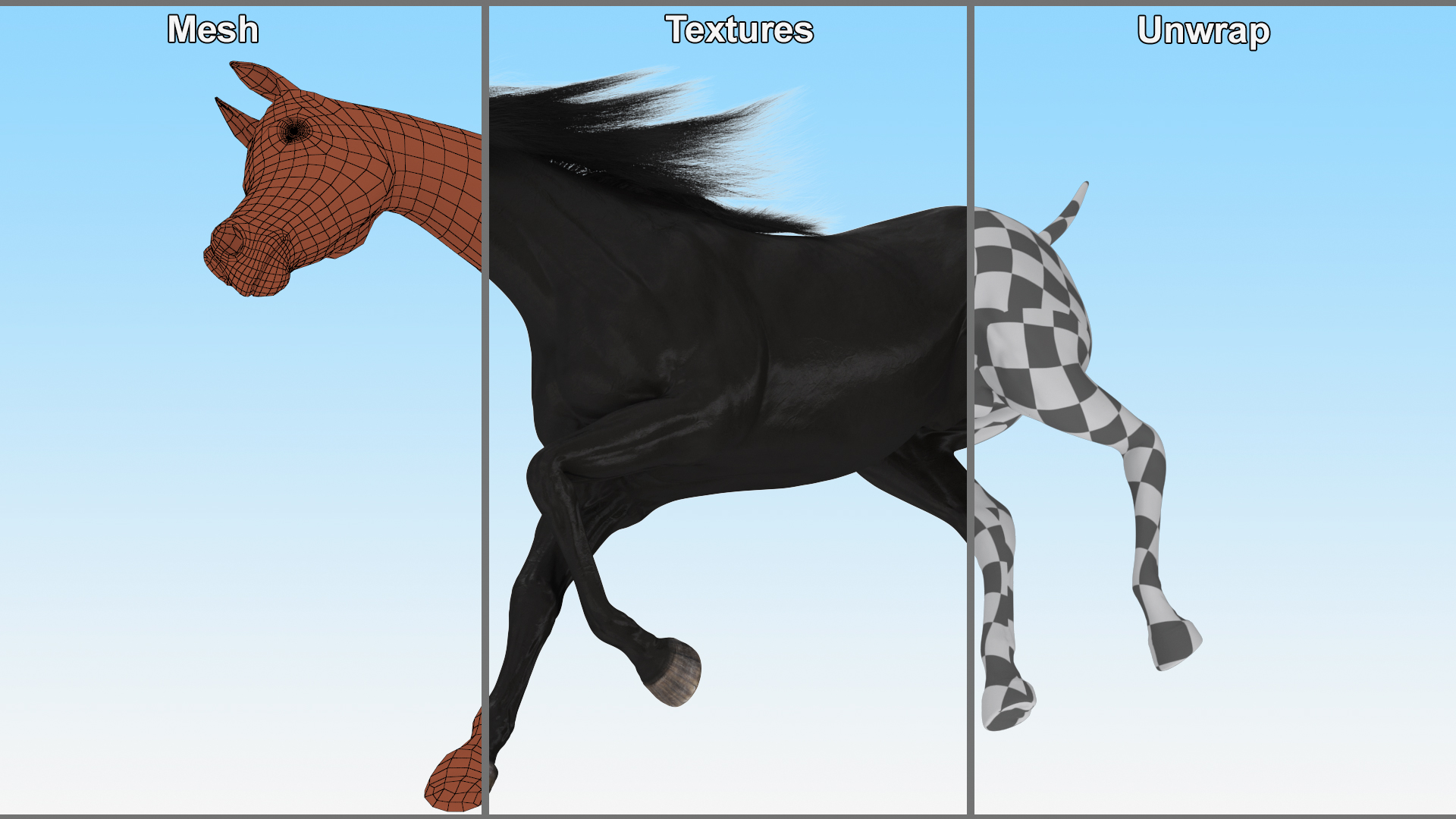 3D Galloping Arabian Horse Black Fur model