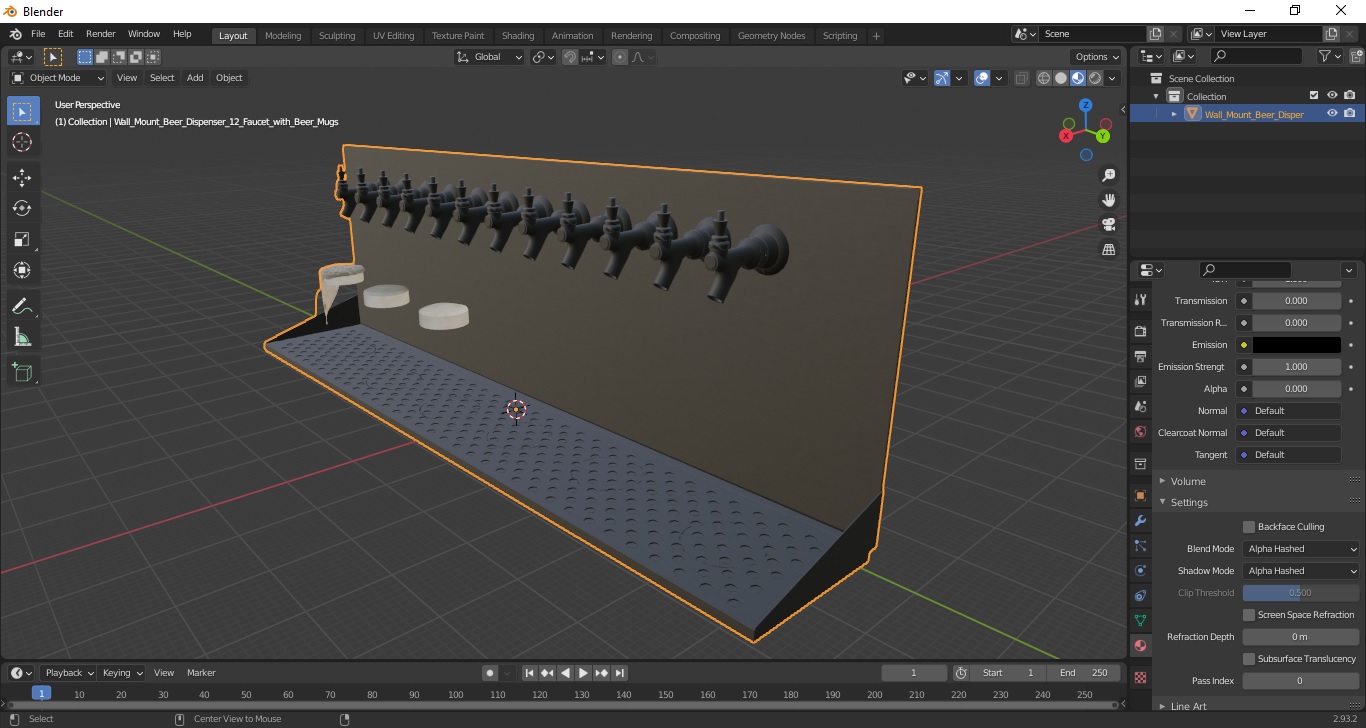 3D model Wall Mount Beer Dispenser 12 Faucet with Beer Mugs