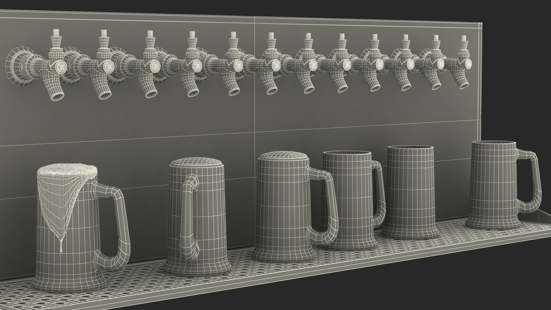 3D model Wall Mount Beer Dispenser 12 Faucet with Beer Mugs