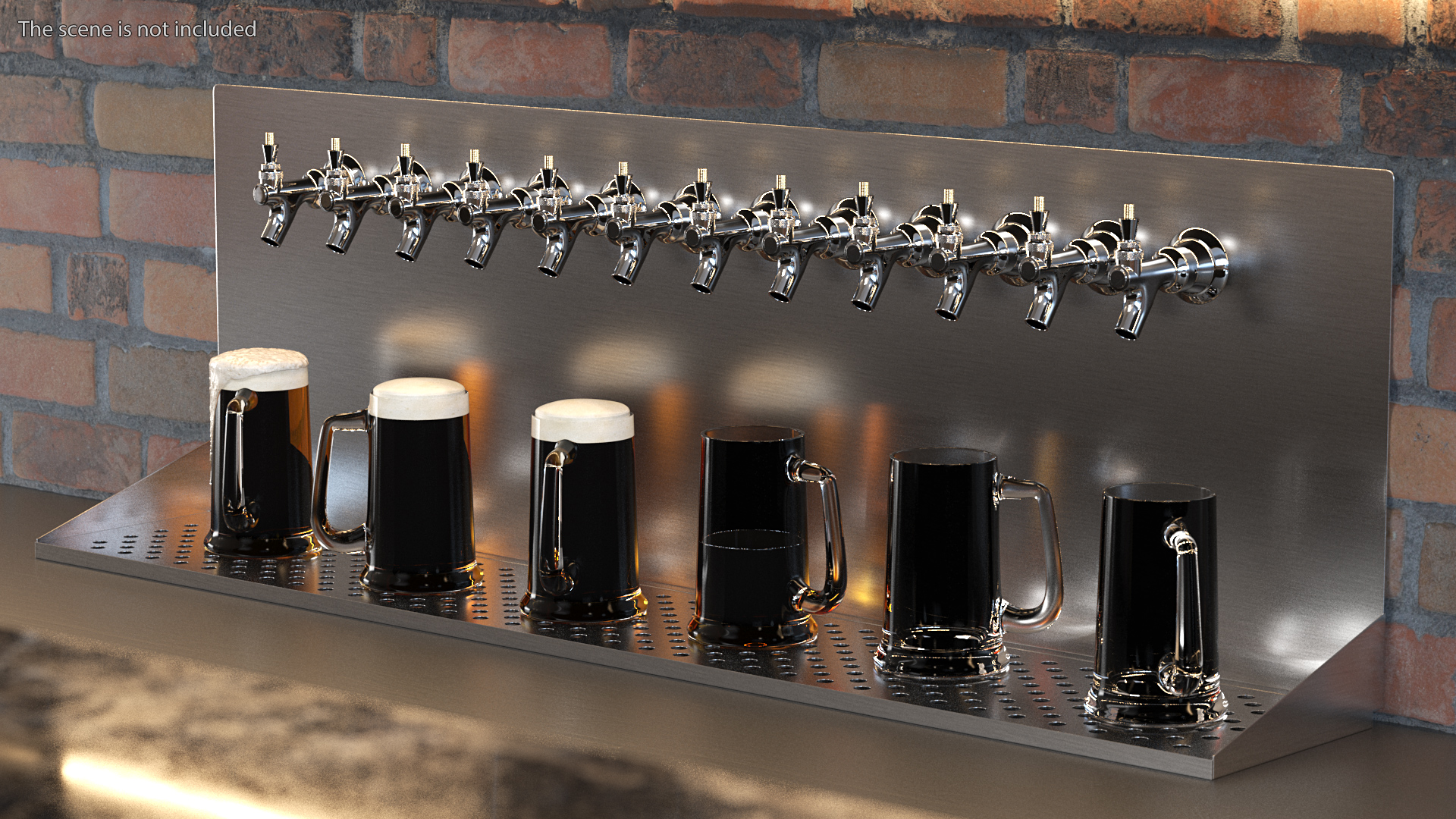 3D model Wall Mount Beer Dispenser 12 Faucet with Beer Mugs