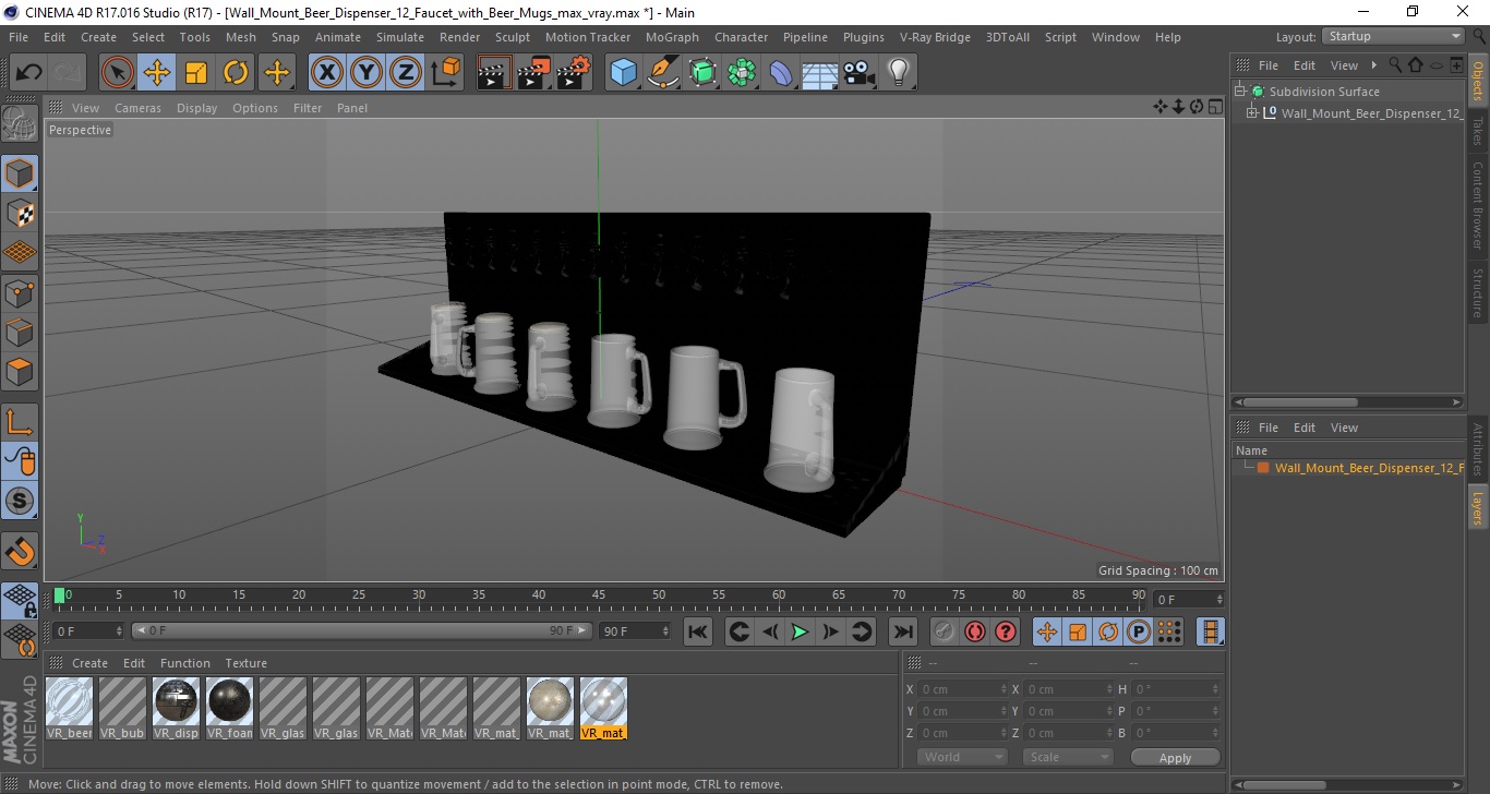 3D model Wall Mount Beer Dispenser 12 Faucet with Beer Mugs