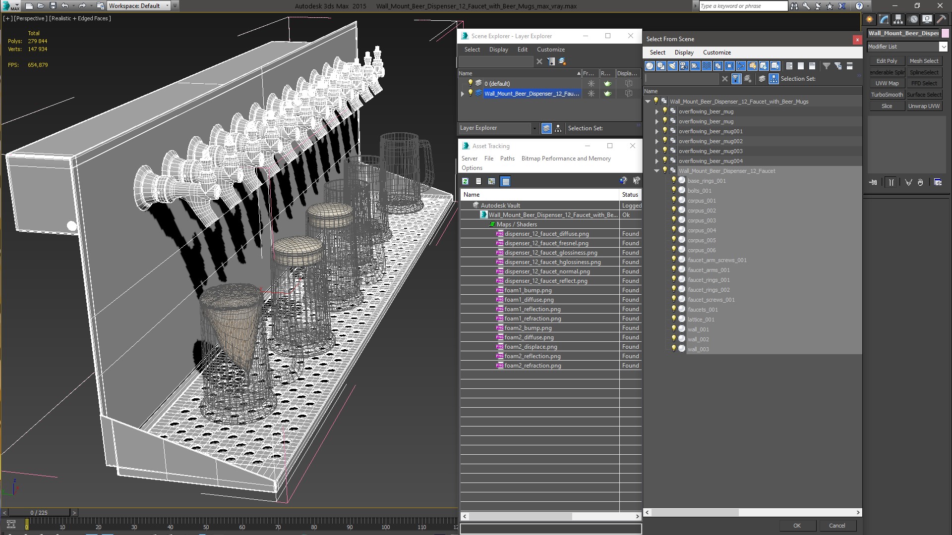 3D model Wall Mount Beer Dispenser 12 Faucet with Beer Mugs