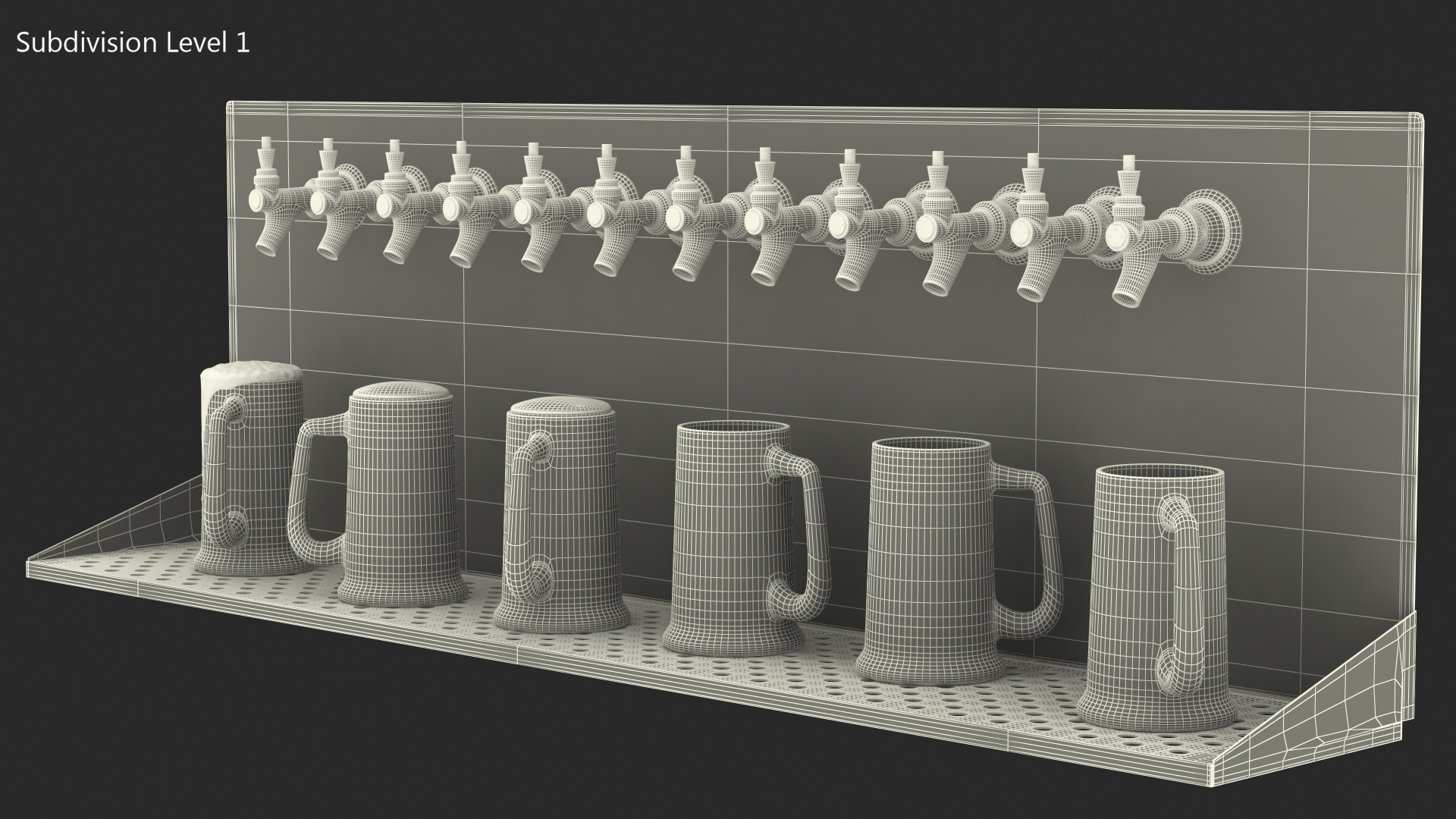 3D model Wall Mount Beer Dispenser 12 Faucet with Beer Mugs