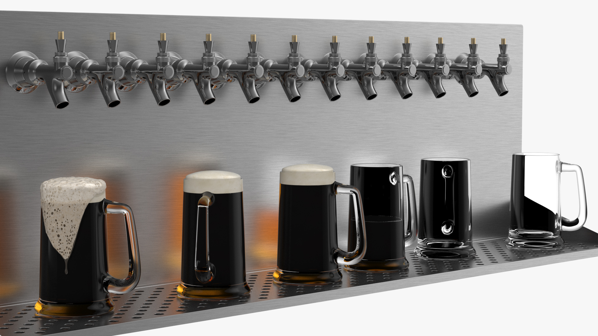 3D model Wall Mount Beer Dispenser 12 Faucet with Beer Mugs