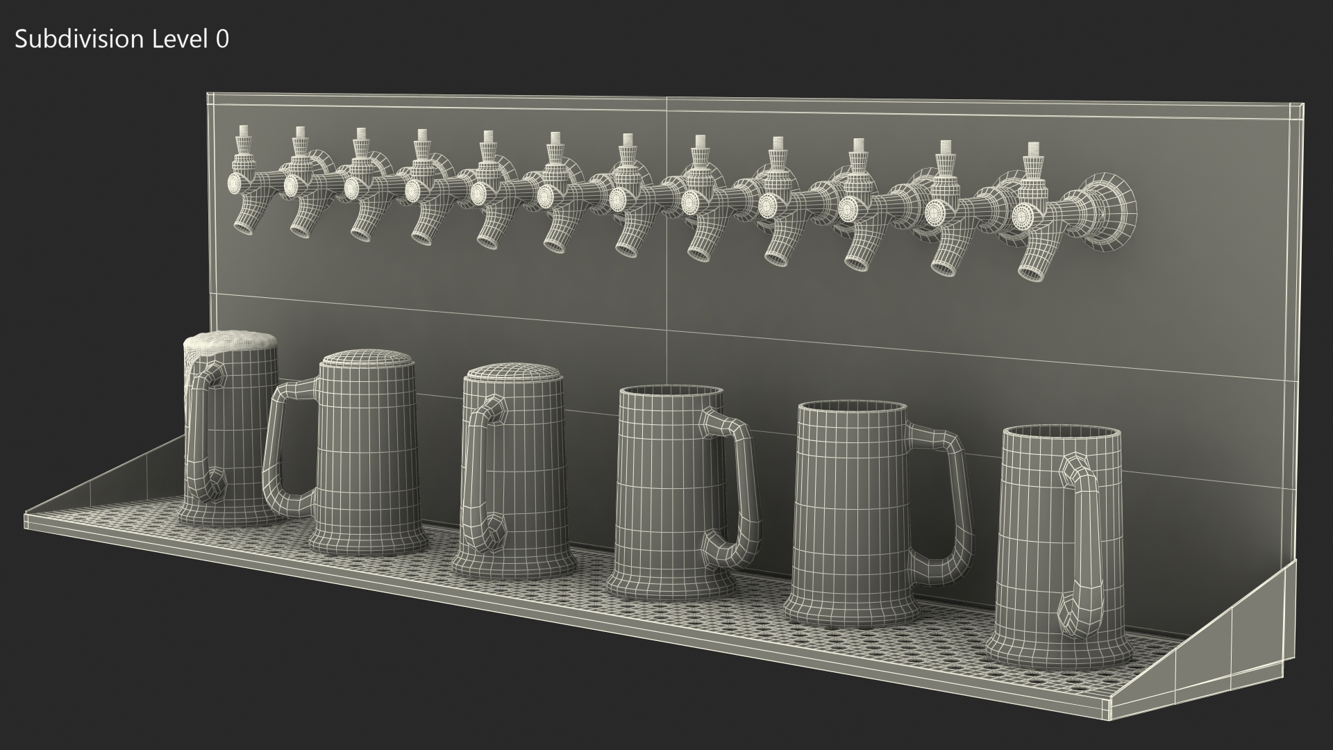 3D model Wall Mount Beer Dispenser 12 Faucet with Beer Mugs