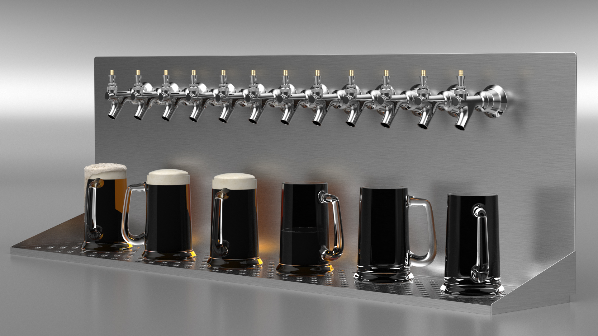 3D model Wall Mount Beer Dispenser 12 Faucet with Beer Mugs