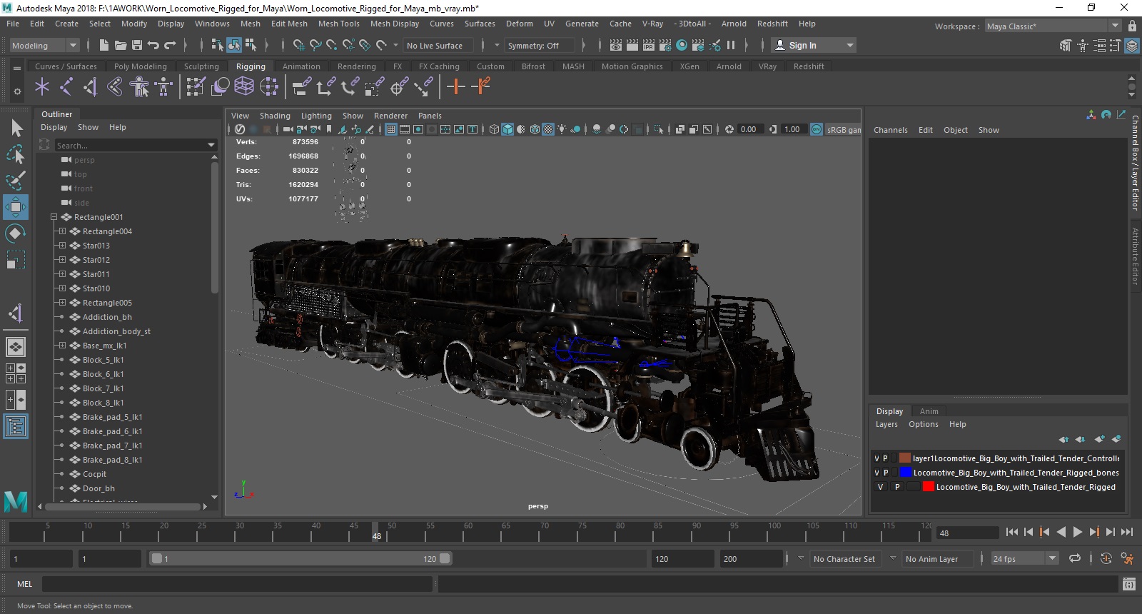 3D Worn Locomotive Rigged for Maya