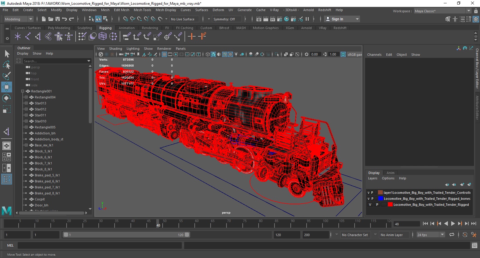 3D Worn Locomotive Rigged for Maya
