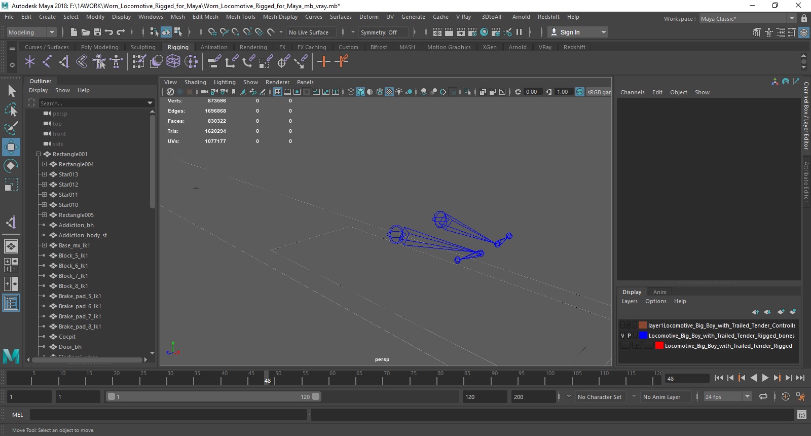 3D Worn Locomotive Rigged for Maya