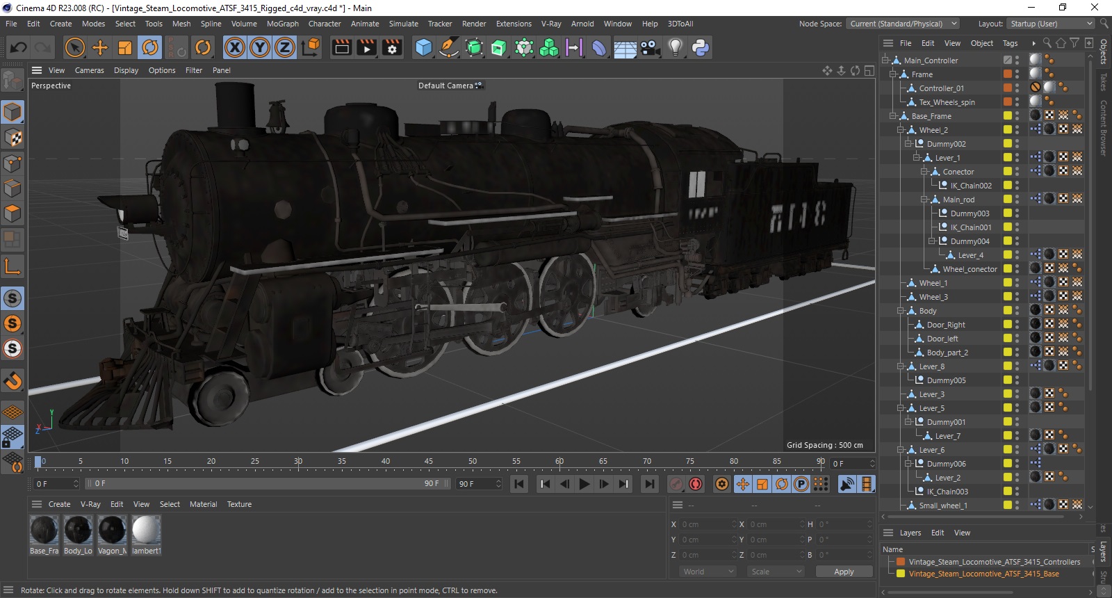 3D model Vintage Steam Locomotive ATSF 3415 Rigged for Cinema 4D