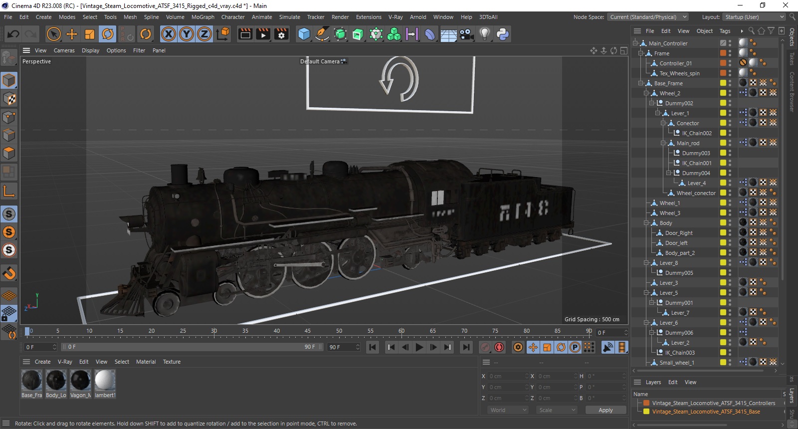 3D model Vintage Steam Locomotive ATSF 3415 Rigged for Cinema 4D
