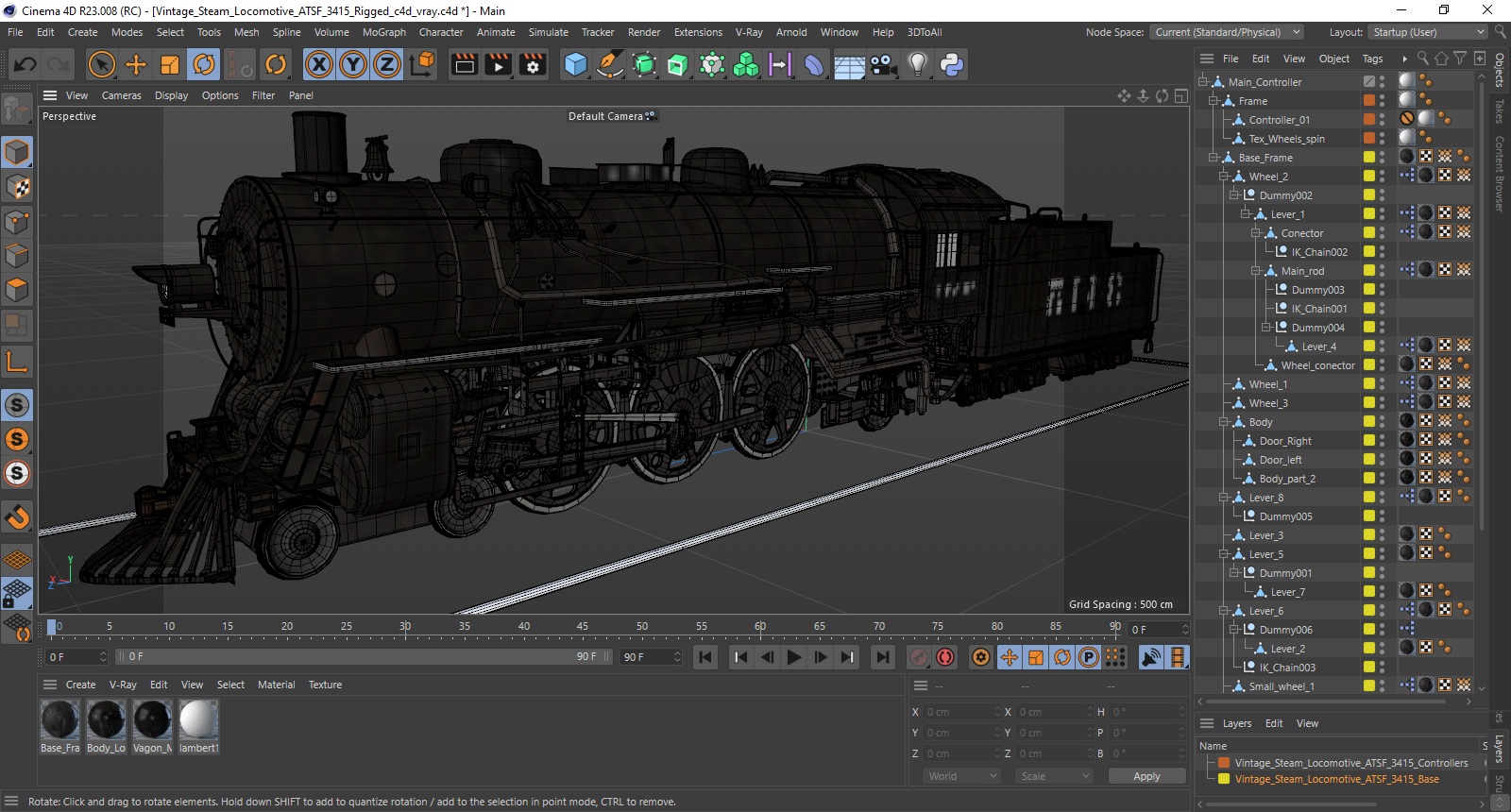 3D model Vintage Steam Locomotive ATSF 3415 Rigged for Cinema 4D