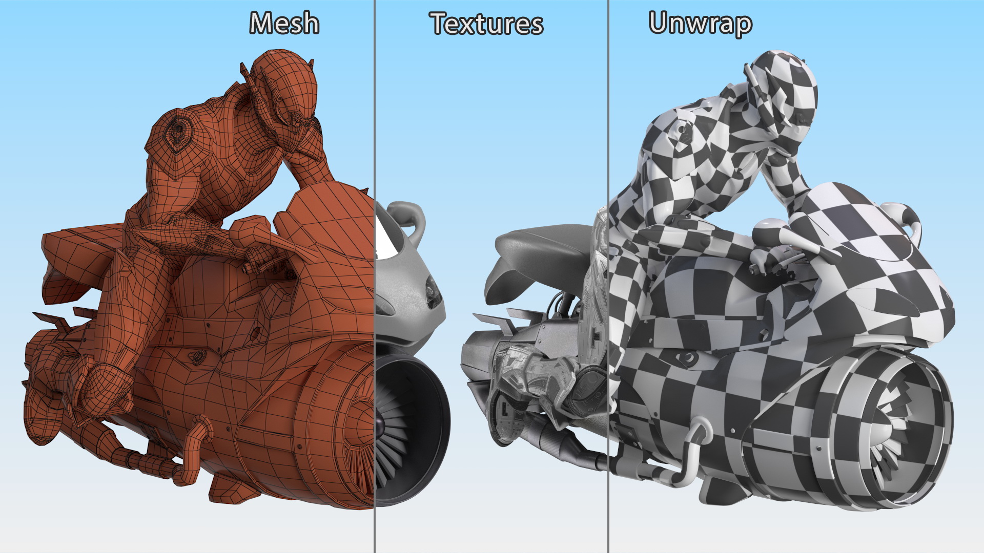 3D Futuristic Robot on Concept Motorcycle model