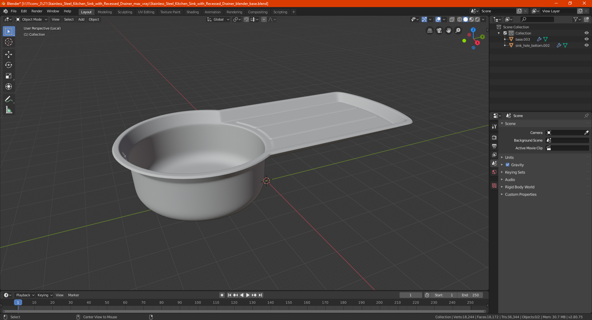 3D model Stainless Steel Kitchen Sink with Recessed Drainer