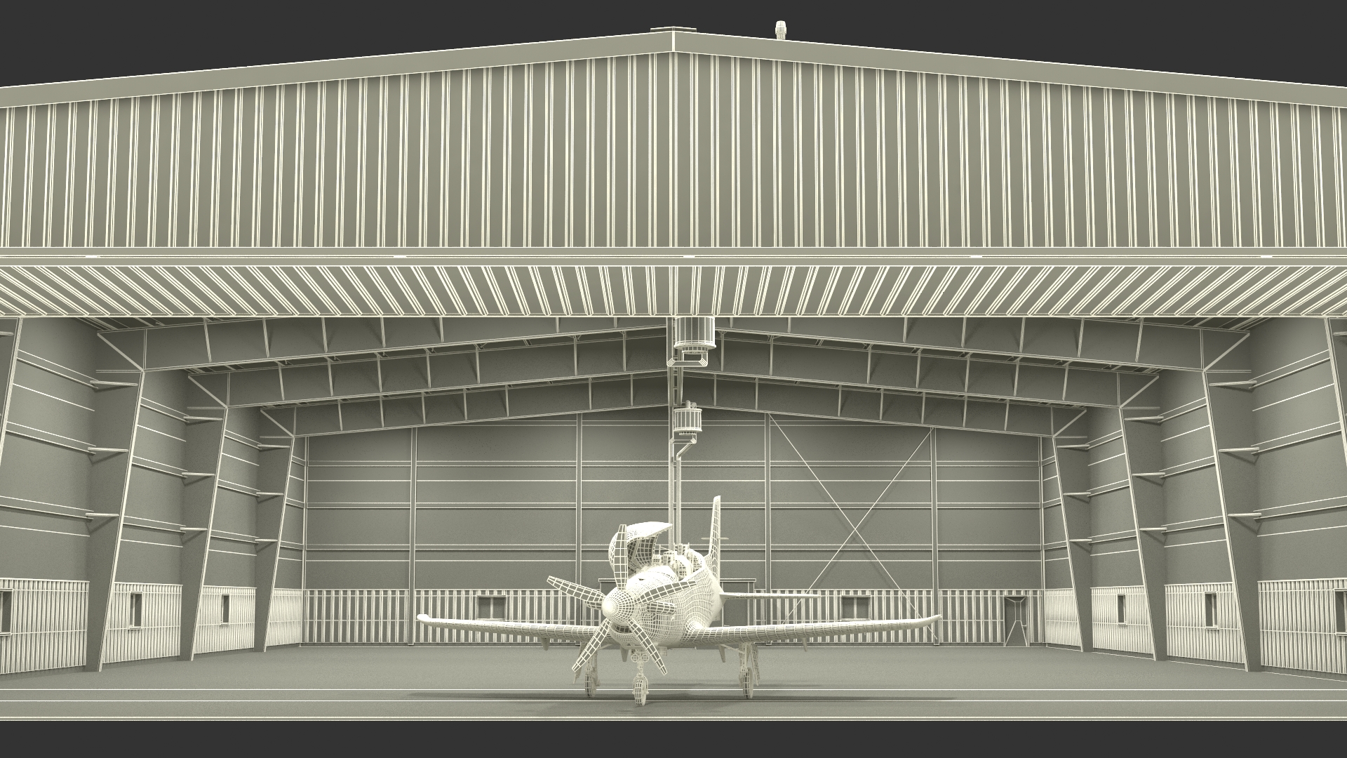 3D Aircraft Hangar with Airplane Rigged