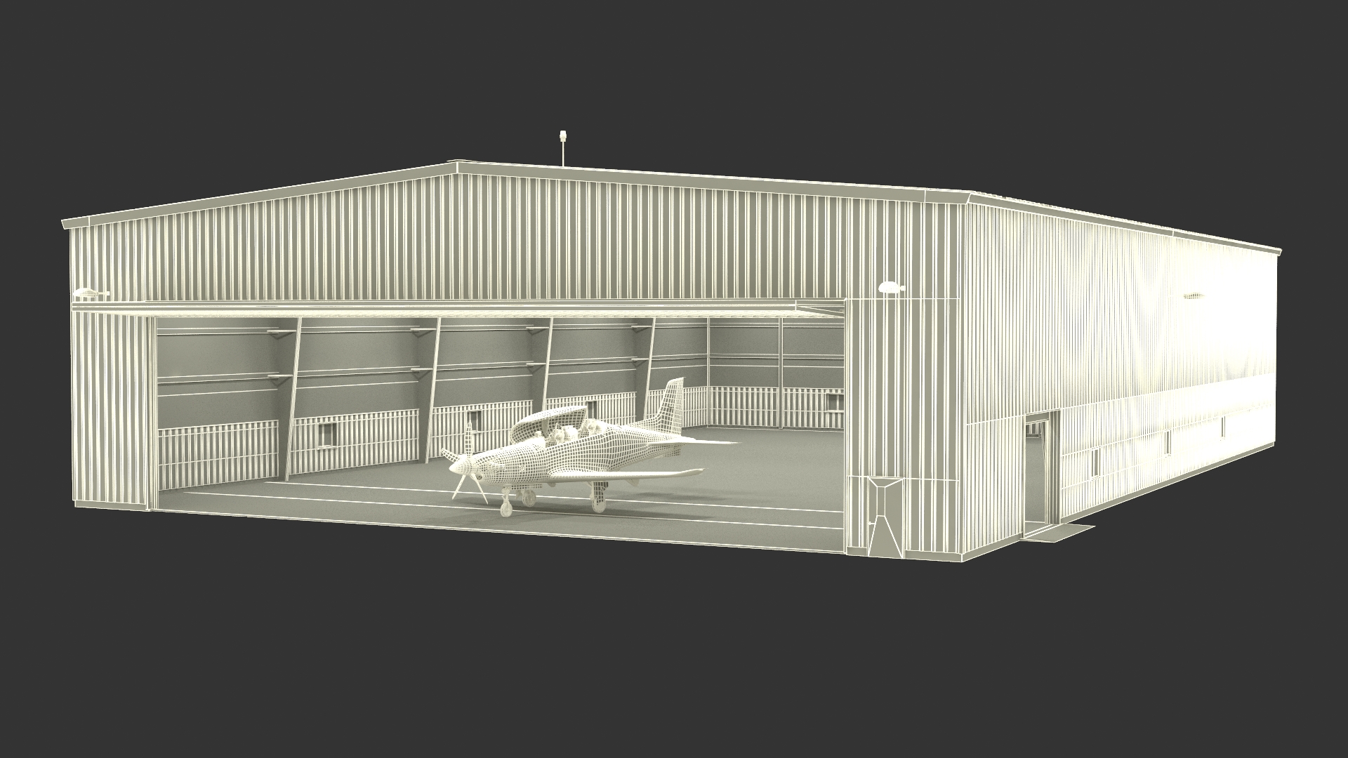 3D Aircraft Hangar with Airplane Rigged
