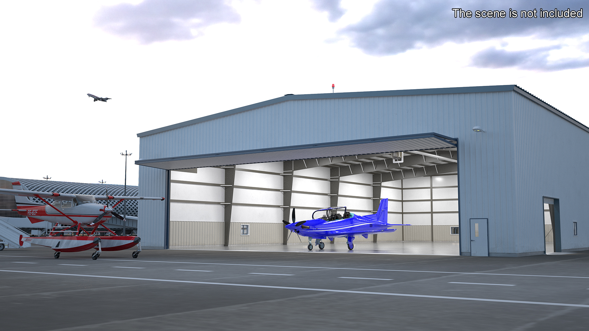 3D Aircraft Hangar with Airplane Rigged