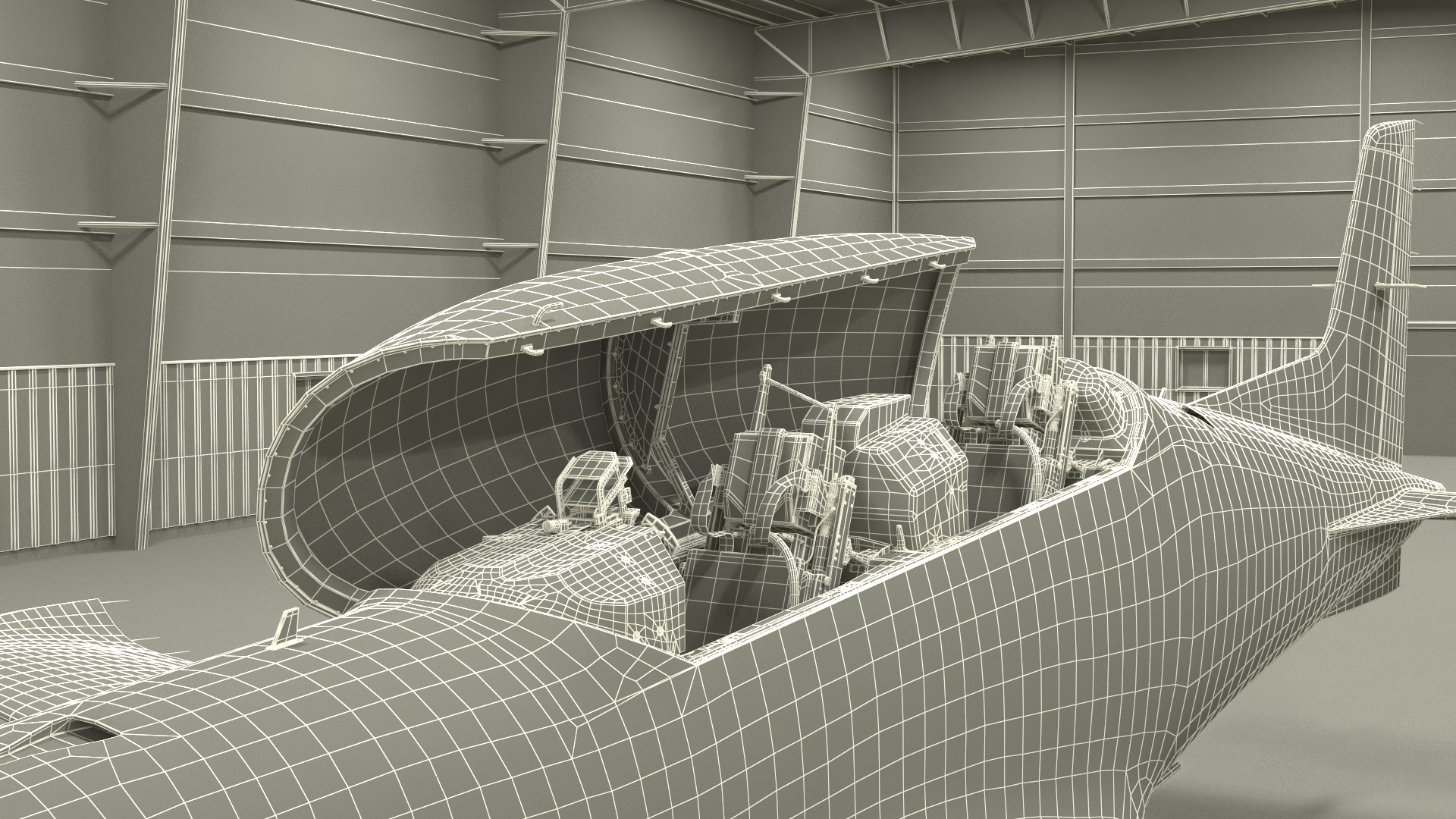 3D Aircraft Hangar with Airplane Rigged