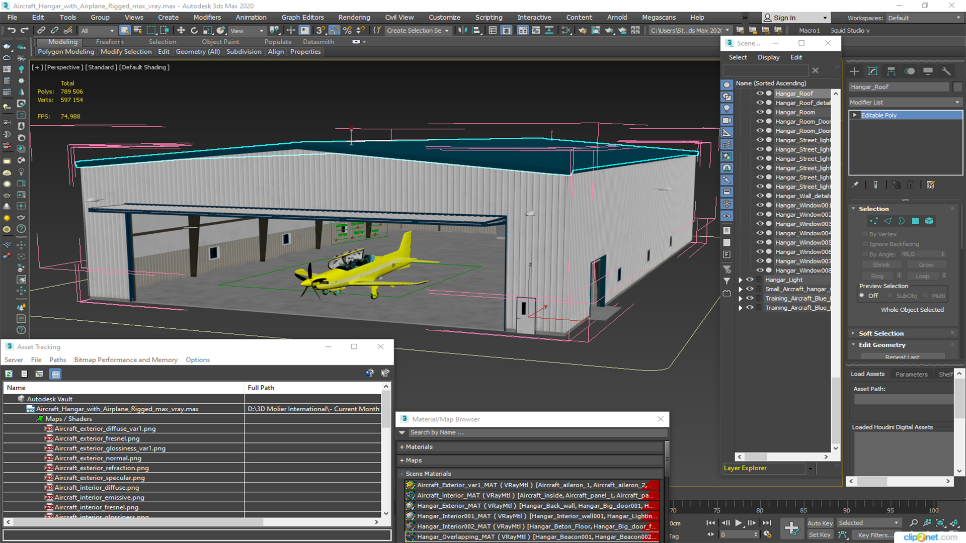 3D Aircraft Hangar with Airplane Rigged