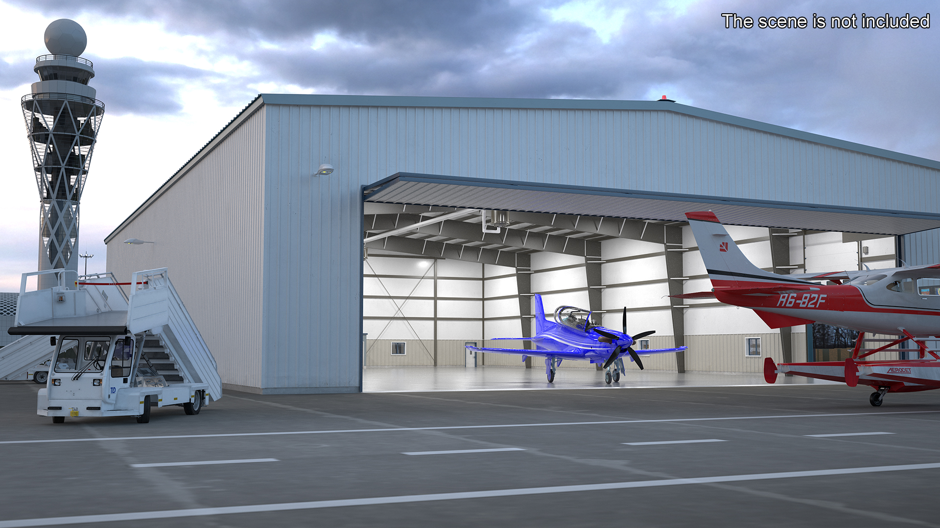 3D Aircraft Hangar with Airplane Rigged