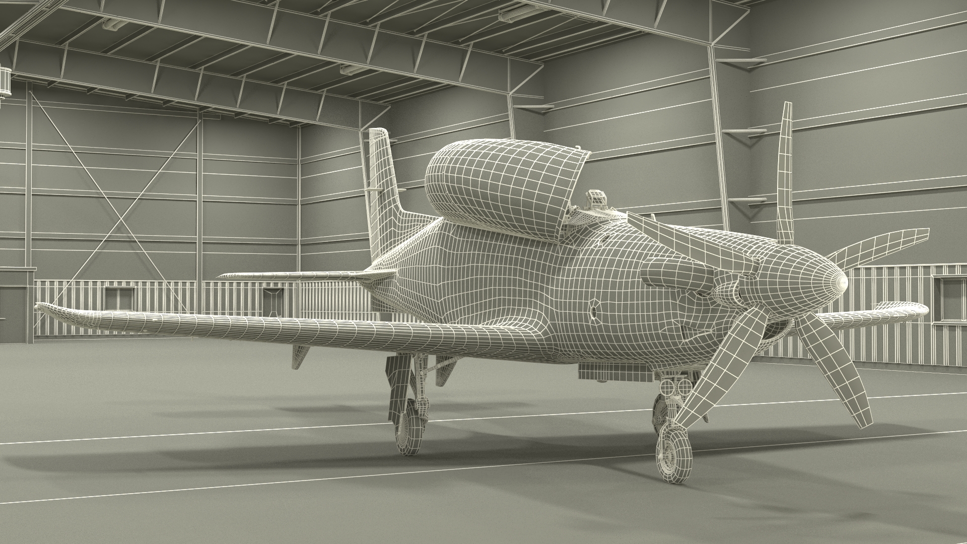 3D Aircraft Hangar with Airplane Rigged