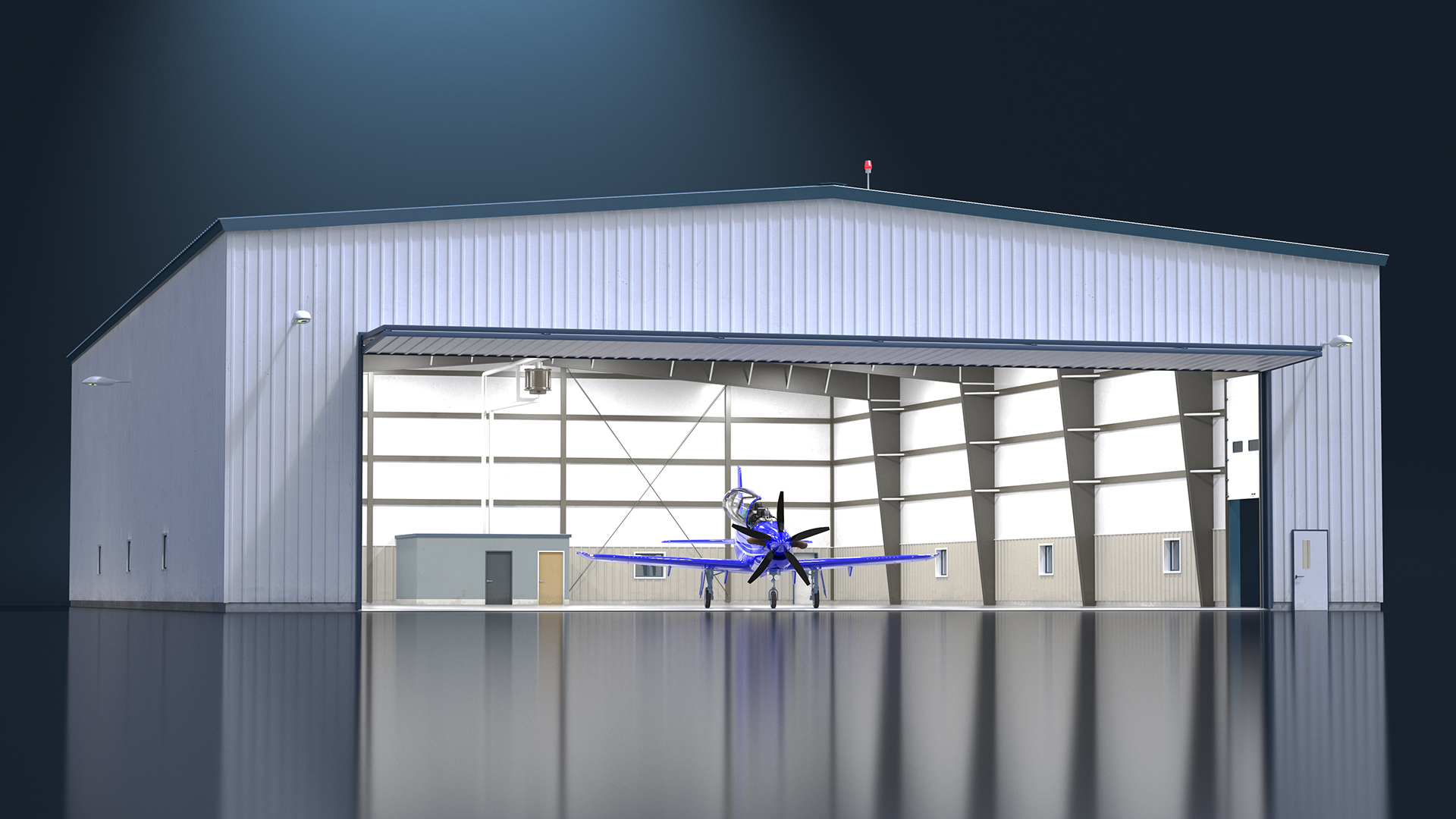3D Aircraft Hangar with Airplane Rigged