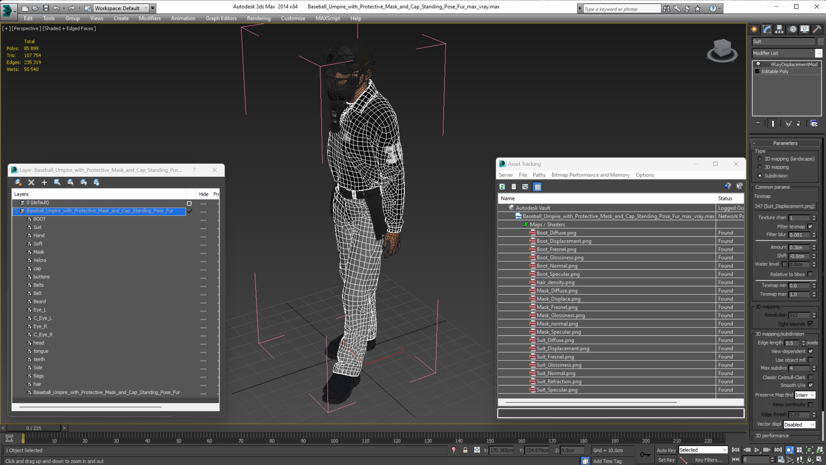 Baseball Umpire with Protective Mask and Cap Standing Pose Fur 3D