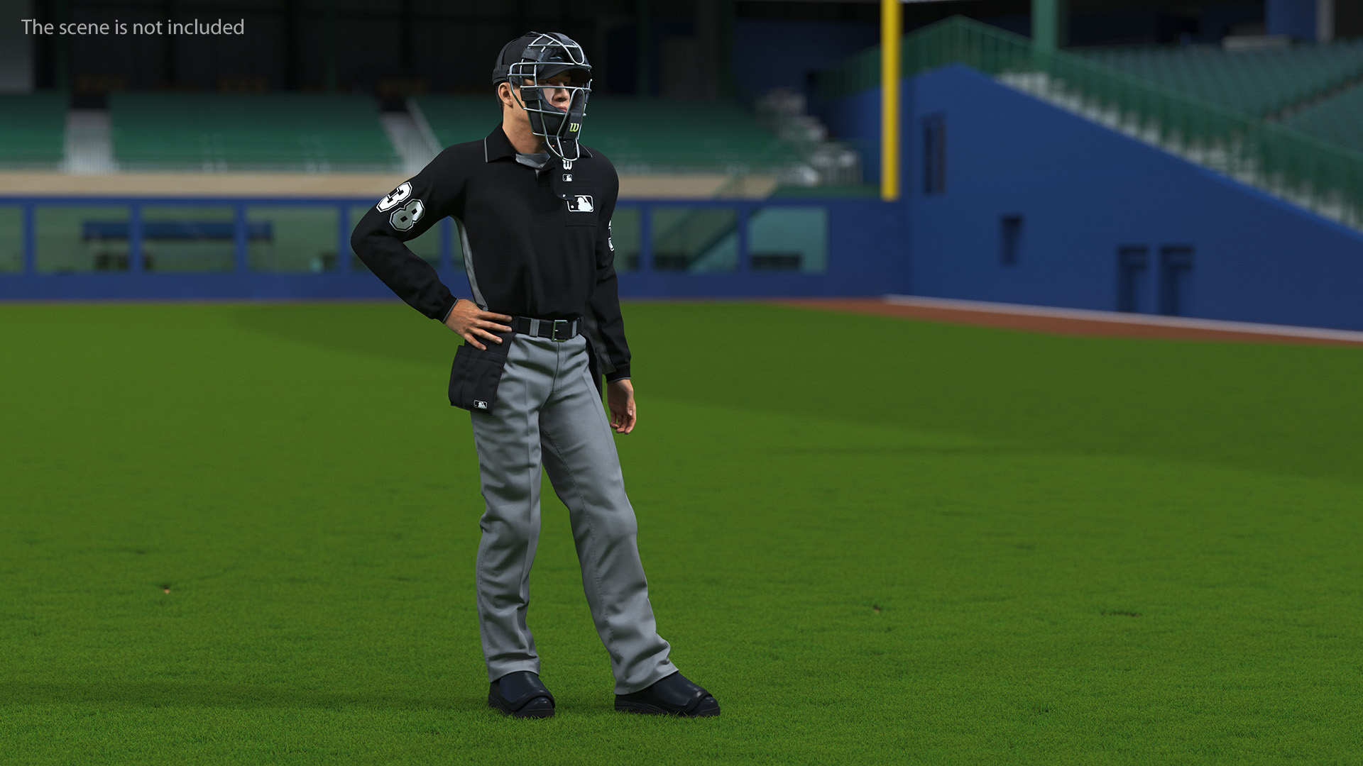 Baseball Umpire with Protective Mask and Cap Standing Pose Fur 3D