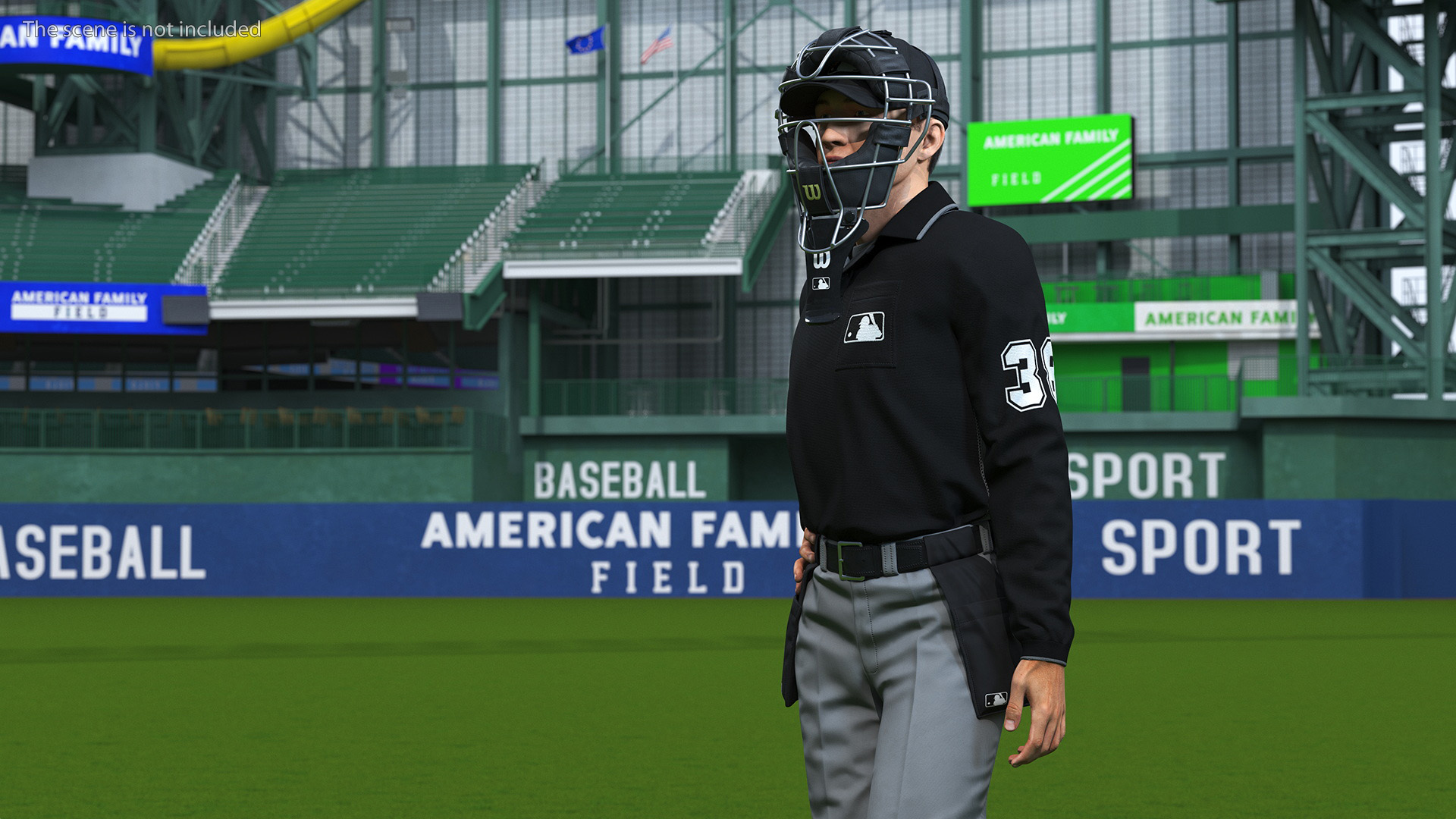 Baseball Umpire with Protective Mask and Cap Standing Pose Fur 3D