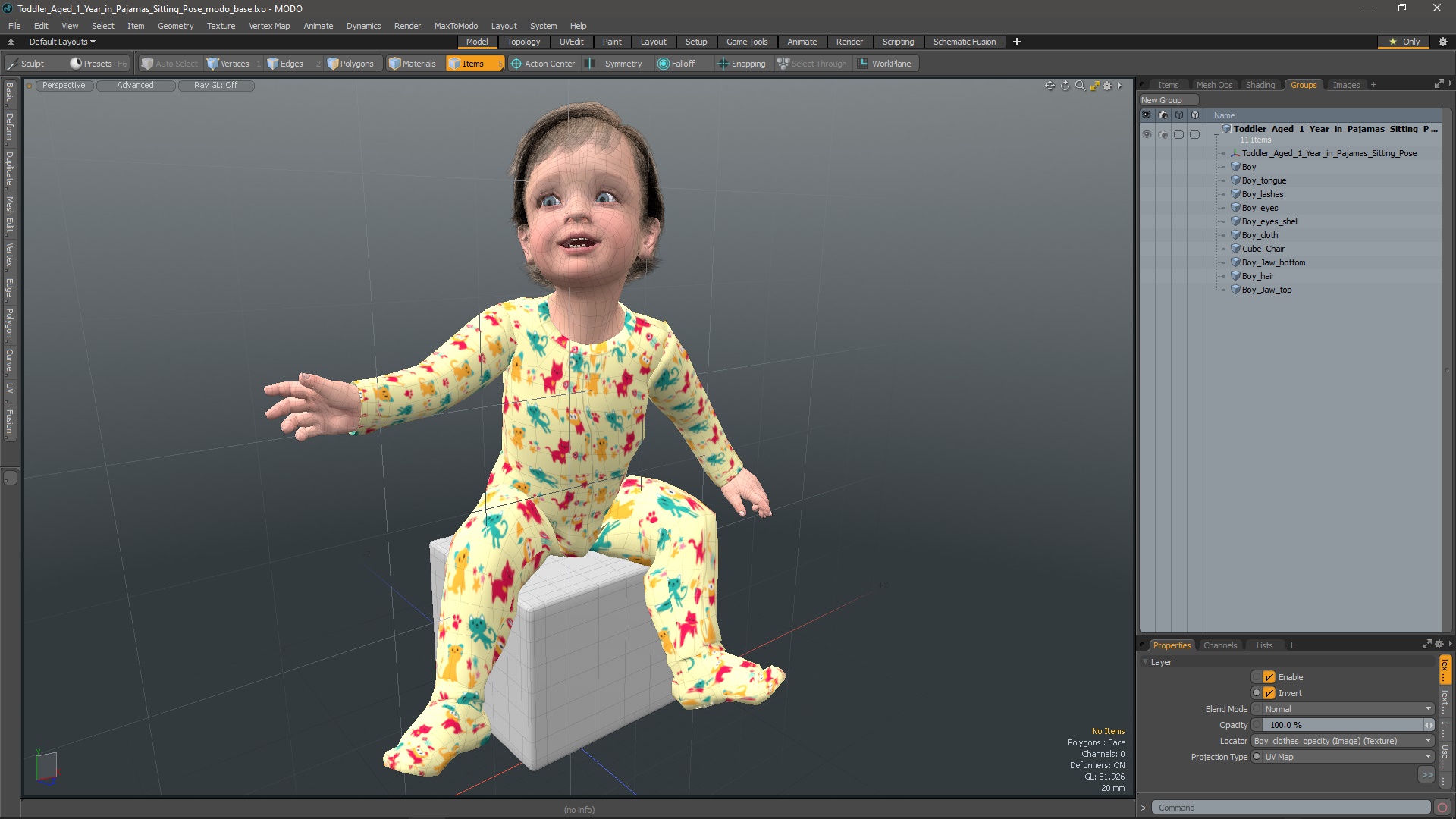 3D Toddler Aged 1 Year in Pajamas Sitting Pose model