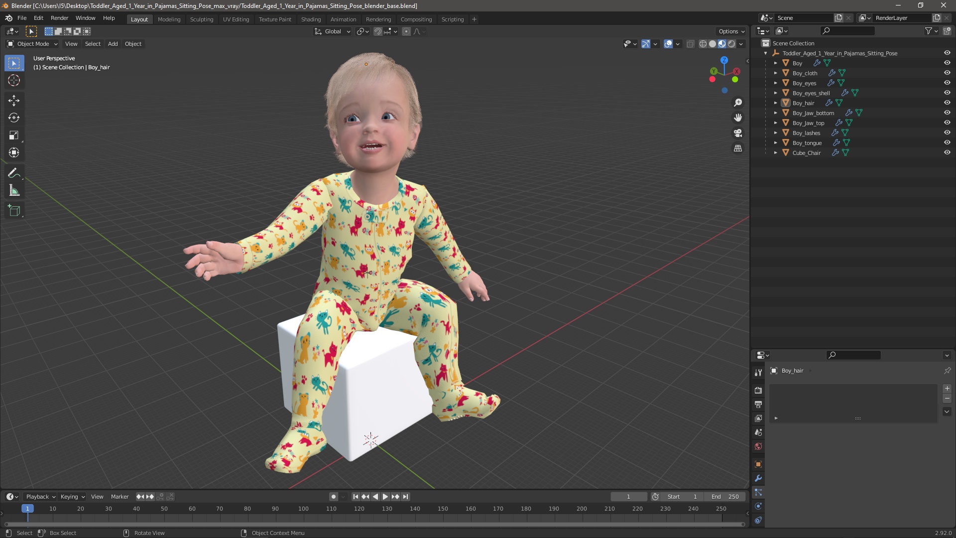 3D Toddler Aged 1 Year in Pajamas Sitting Pose model