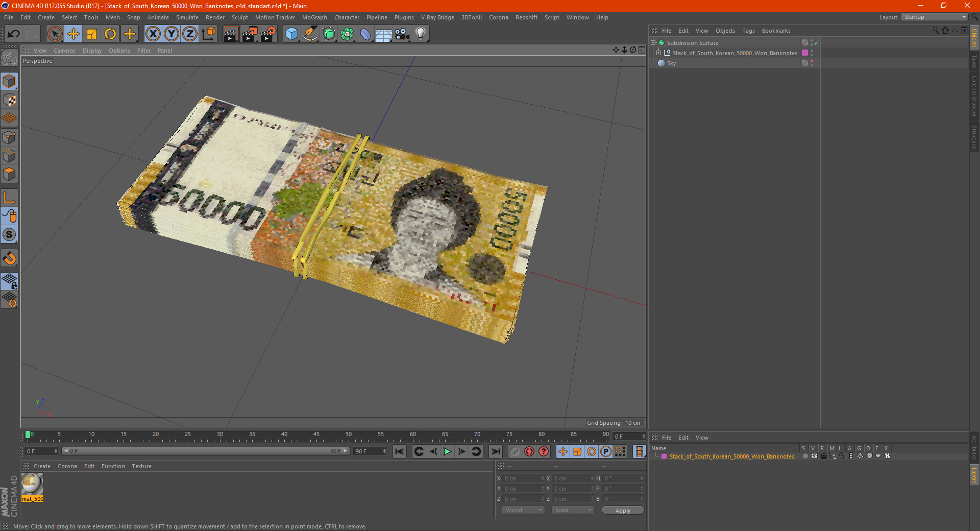 3D Stack of South Korean 50000 Won Banknotes