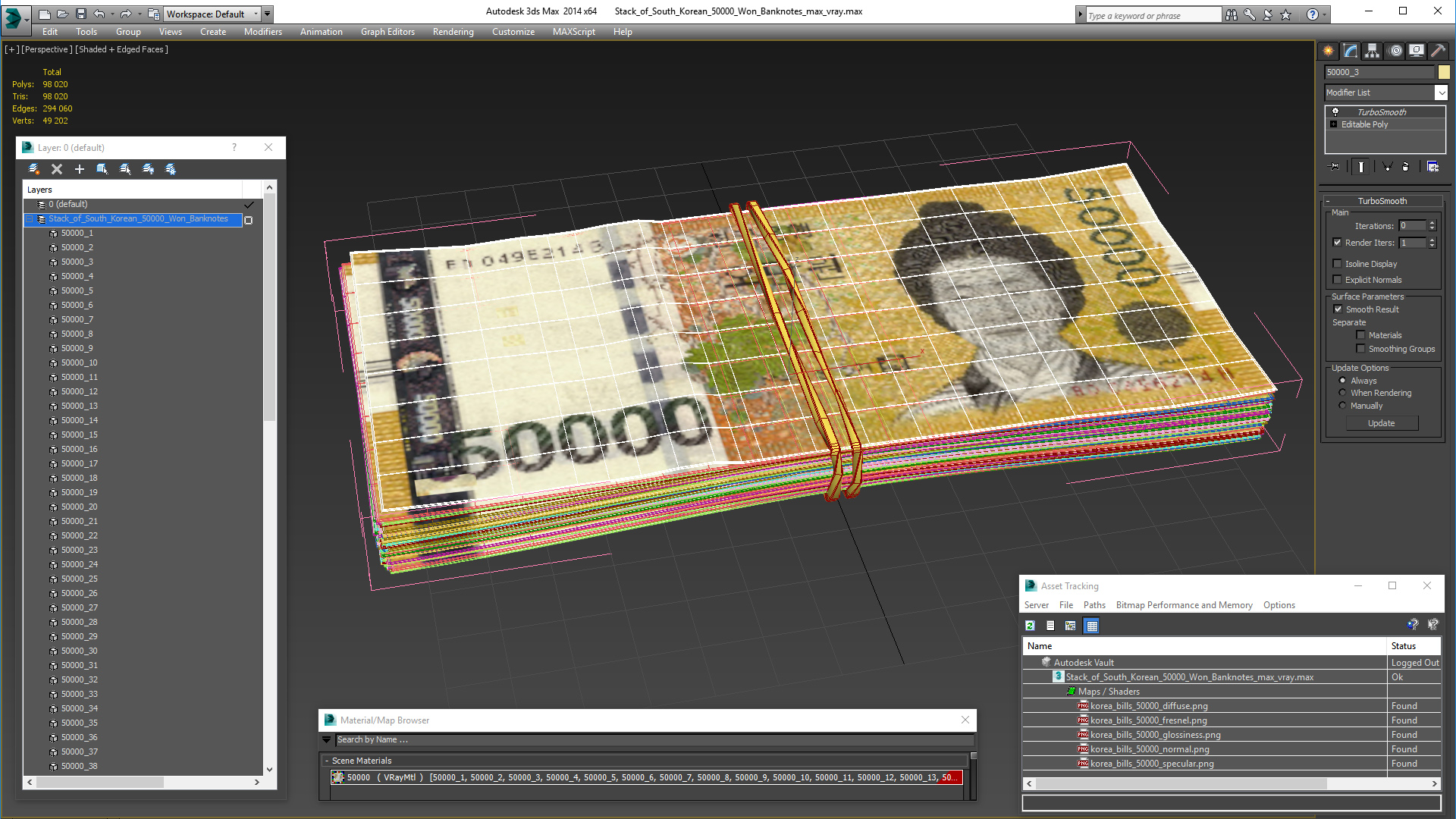 3D Stack of South Korean 50000 Won Banknotes