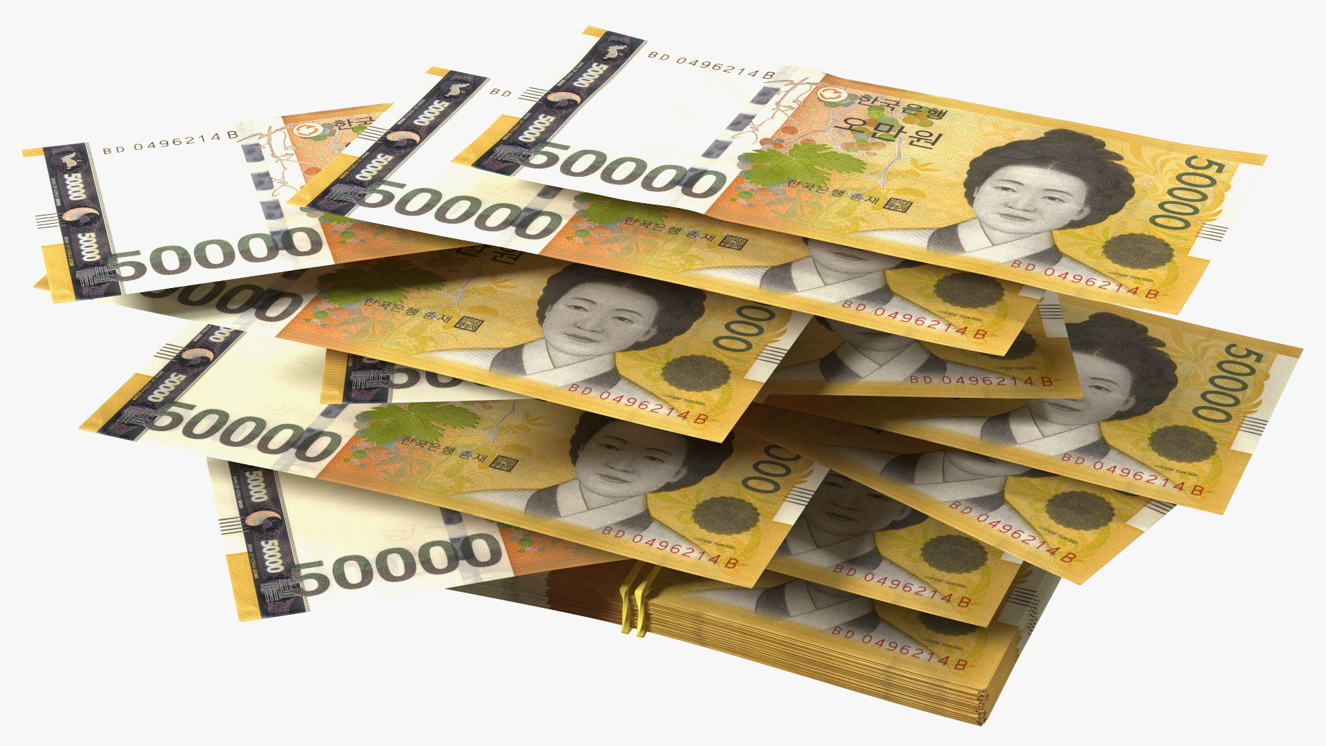 3D Stack of South Korean 50000 Won Banknotes