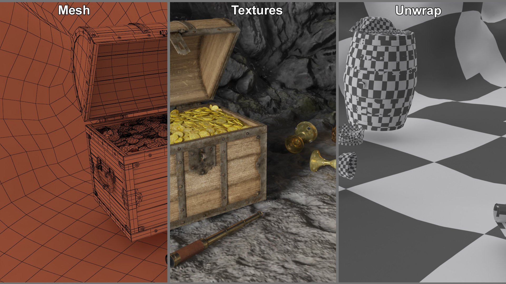 Pirate Treasure Cave with Skeleton and Chest 3D model
